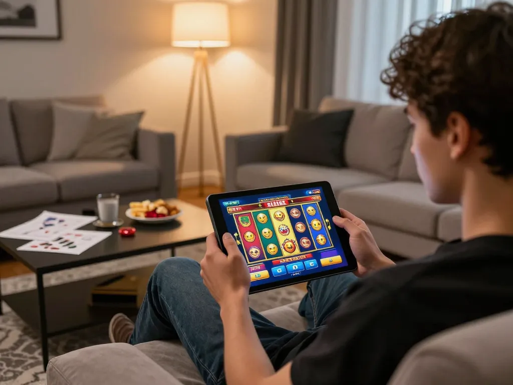 Engaging player enjoying situs slot games on a tablet in a cozy living room