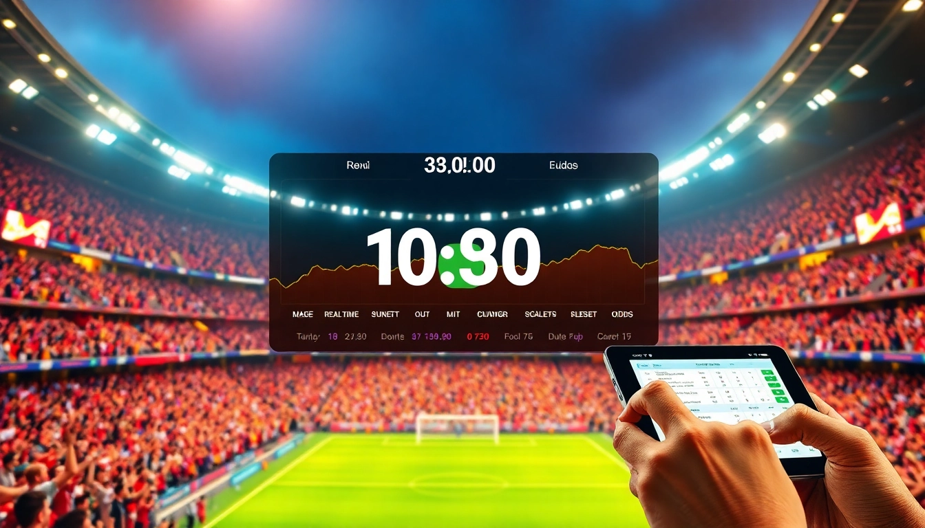 Exciting dynamic representation of tỷ lệ kèo in a vibrant sports betting setting with live updates.