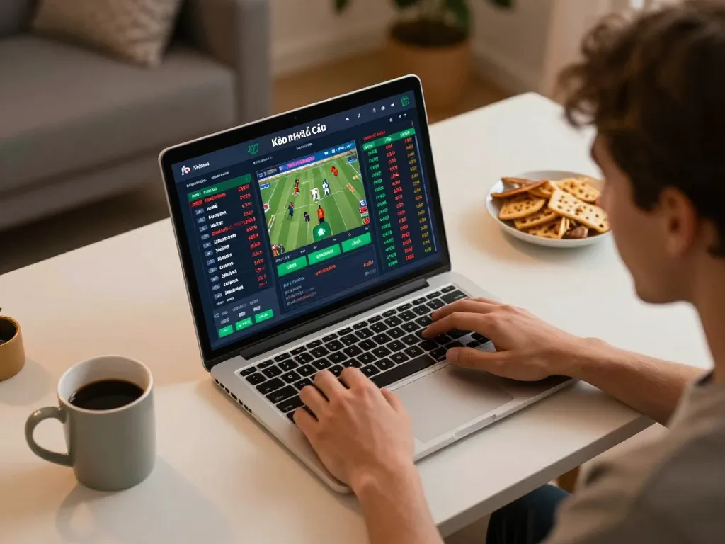 Kèo nhà cái displayed on a laptop as a user engages with sports betting.