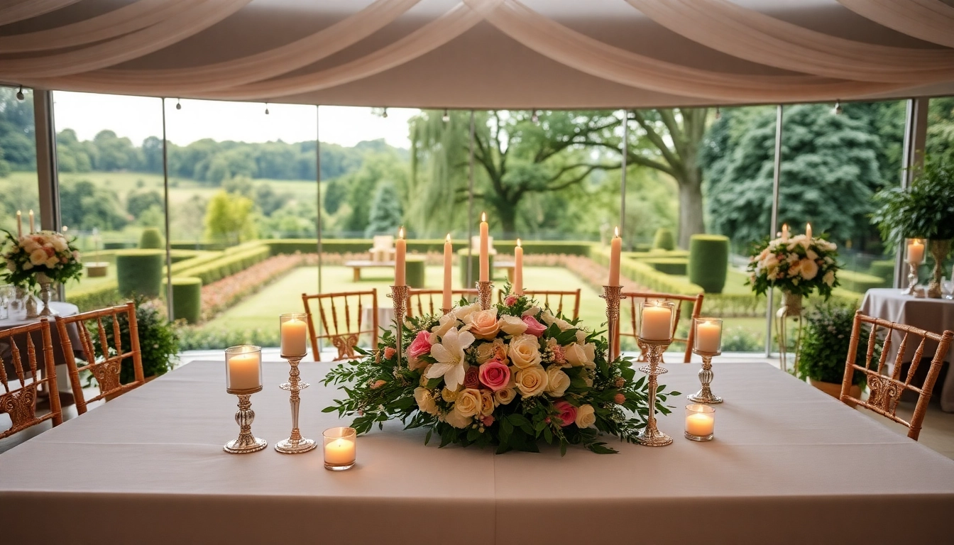 Stowe Venue Hire showcases a romantic wedding setup with elegant décor and lush greenery.