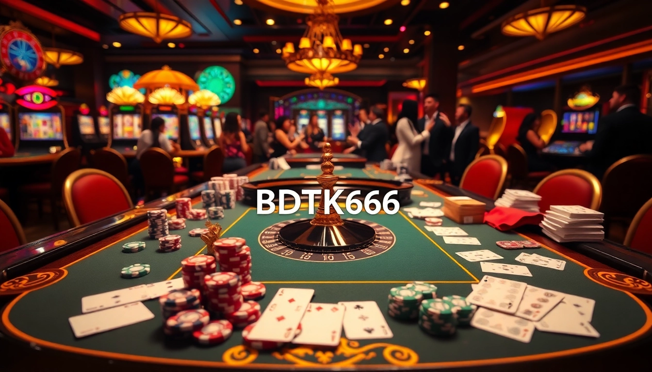 Join the thrill of BDTK666 at a luxurious casino filled with poker chips and roulette wheels.