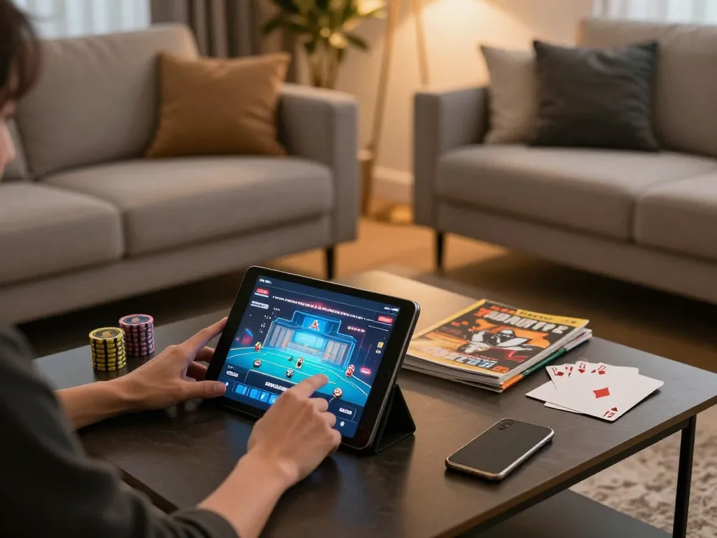 Playing fb88 online poker on a tablet in a cozy living room.