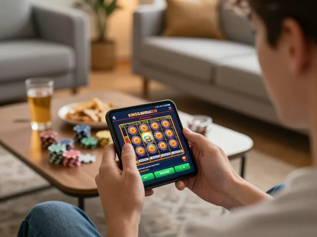 Engaged player enjoying KING GARUDA online slots on smartphone, cozy home atmosphere