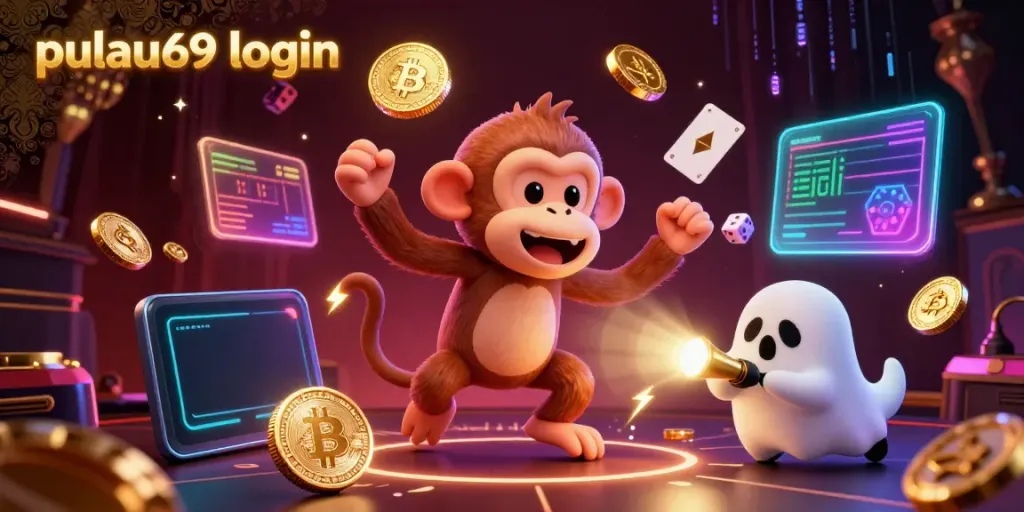 Engage with the pulau69 login experience, featuring a mischievous monkey and a ghost-hunter puppy in a haunted casino.