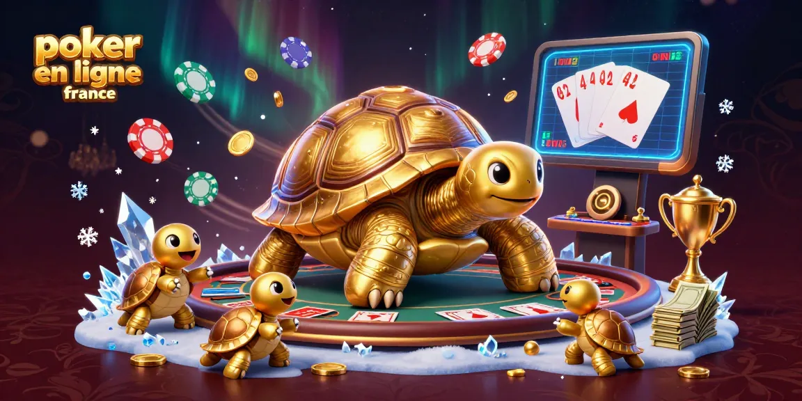 Jouez au poker en ligne France avec des tortues dorées sur une table de poker dynamique et interactive.