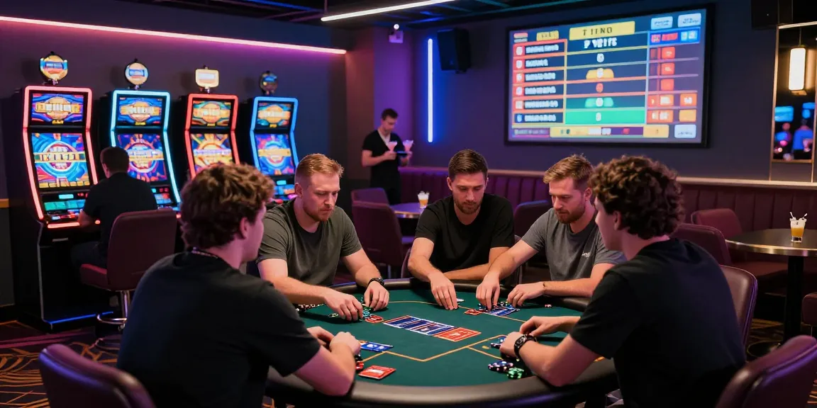 Players enjoying the vibrant atmosphere of credit card casinos at https://euf.co.uk, engaging around poker tables and slot machines.