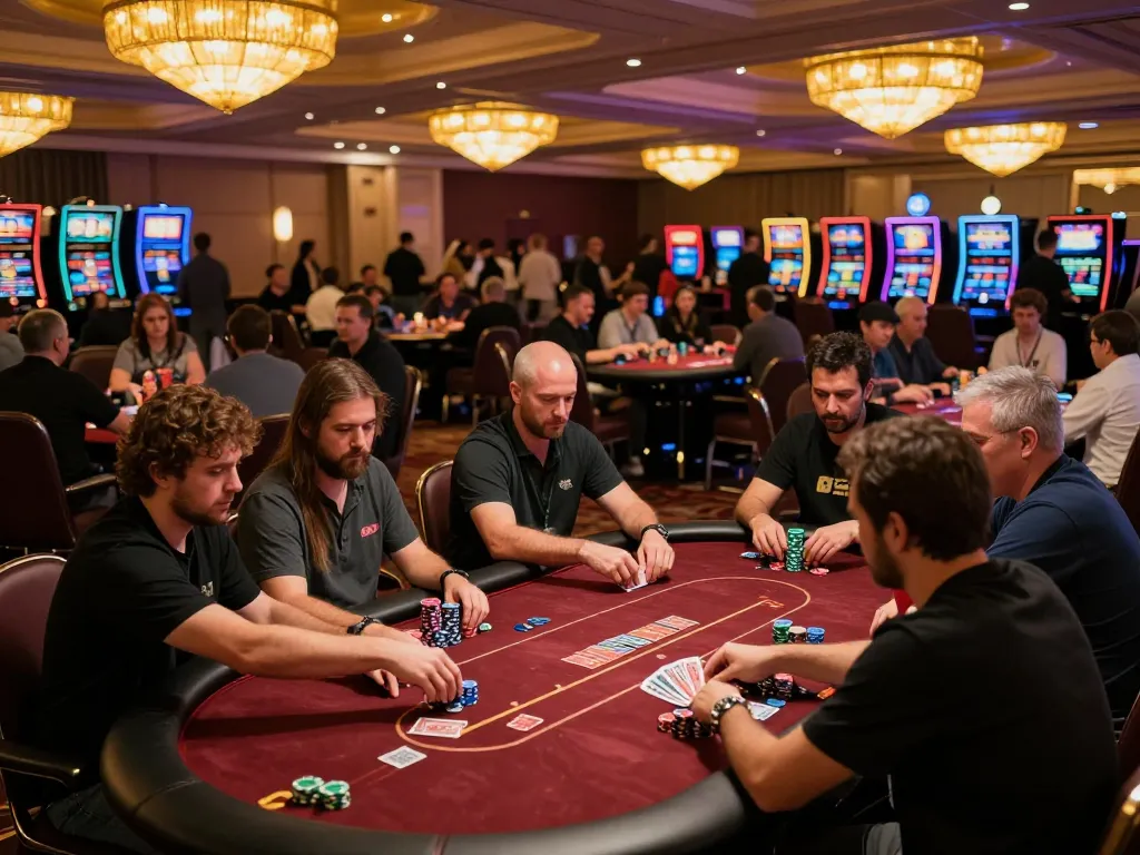 Players strategizing at DH88 poker tables, showcasing high stakes and competitive spirit in a vibrant casino setting.