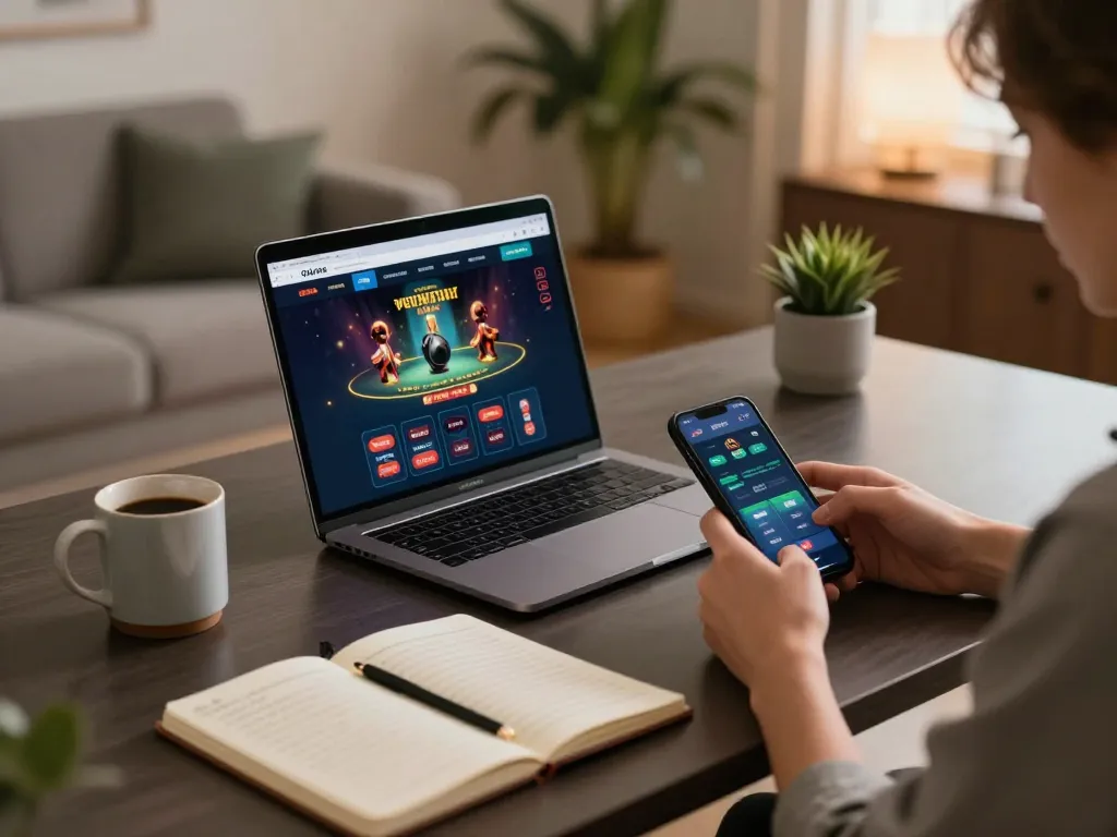 Player utilizing 33CC online gambling setup for strategic betting, showcasing an engaging home environment