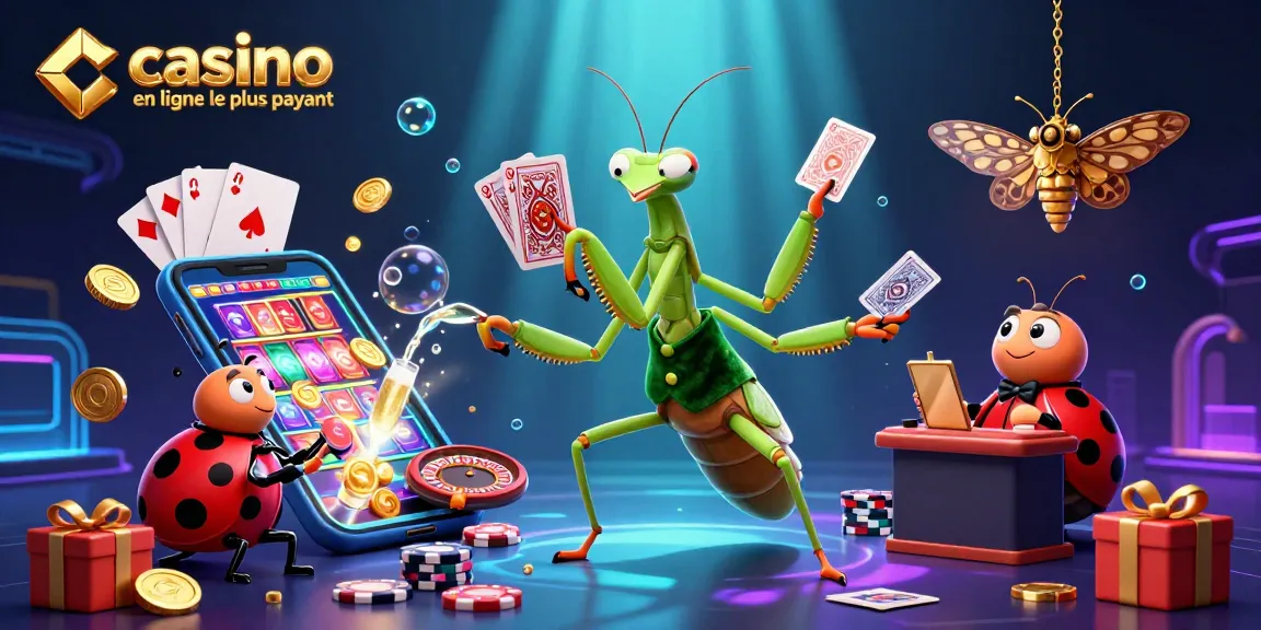 Illustration d'un casino en ligne le plus payant où un mante religieuse habillé s'affaire à distribuer des cartes avec des éléments de jeu autour.