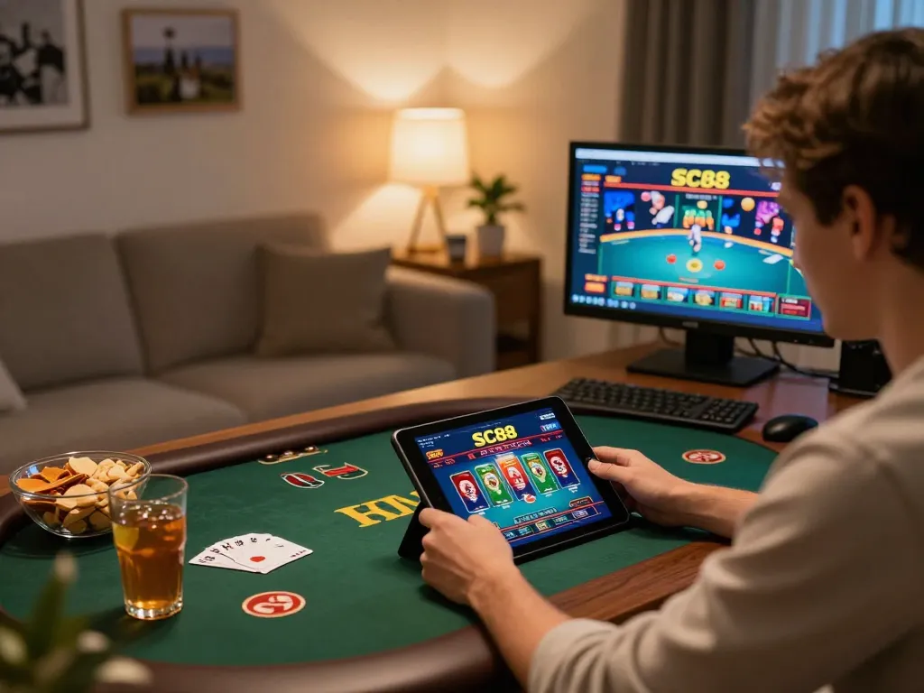 Engaged player exploring SC88 games on tablet in cozy home casino setup.