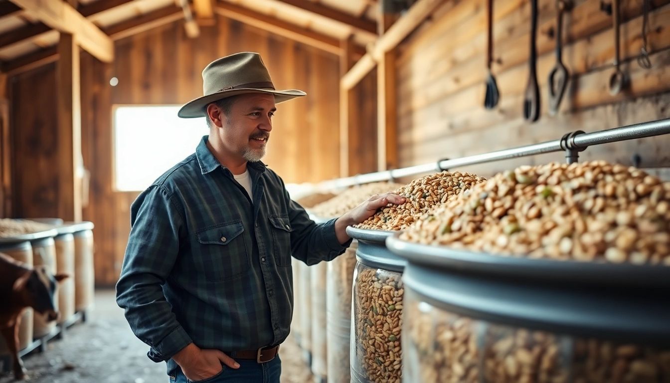 Cattle feed production in a barn, showcasing quality feed and a farmer examining it.
