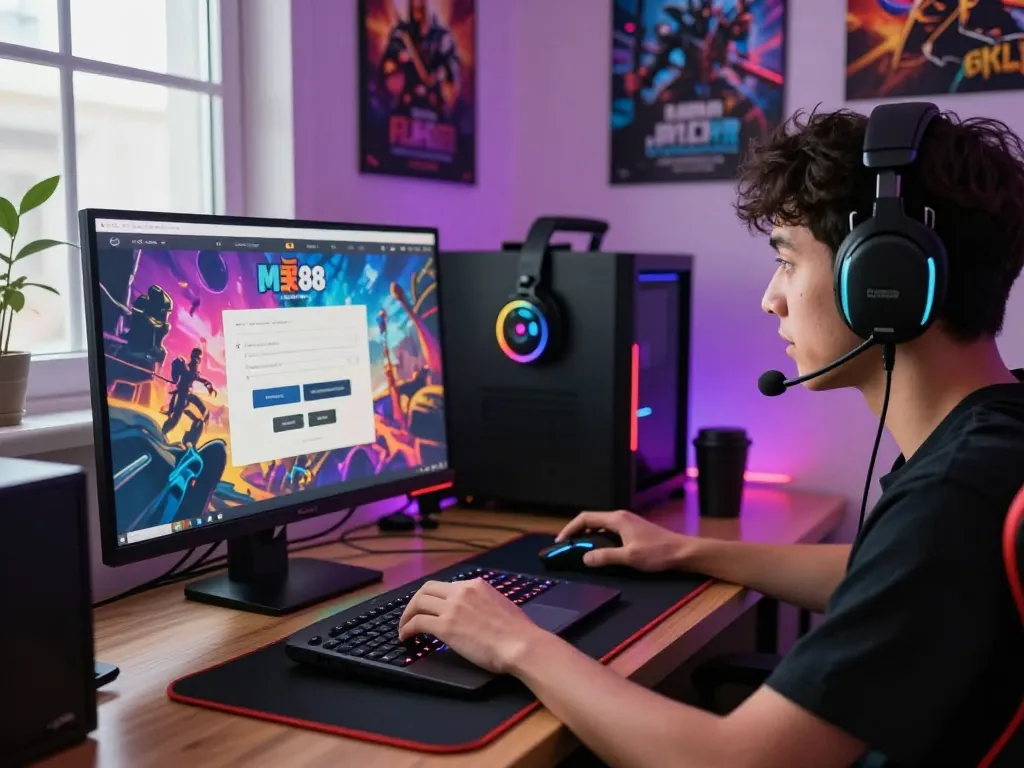 Engaged player utilizing mantra88 login on their laptop in a vibrant gaming setup.