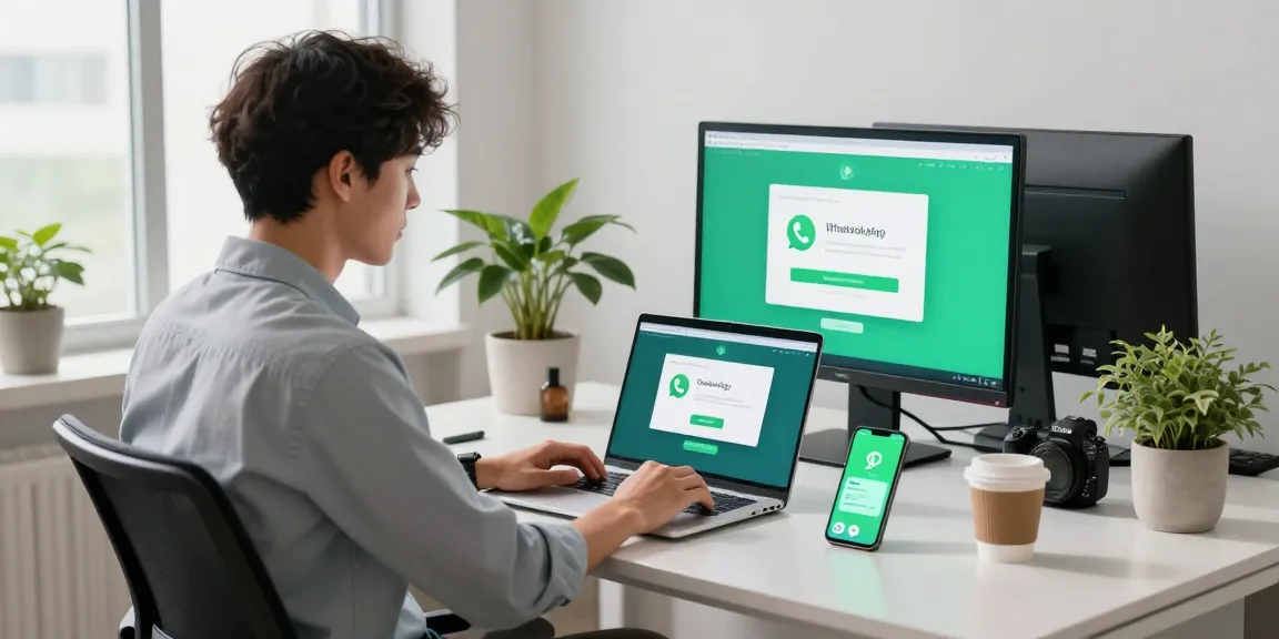 Professional downloading WhatsApp下載 on a sleek laptop in a modern office.