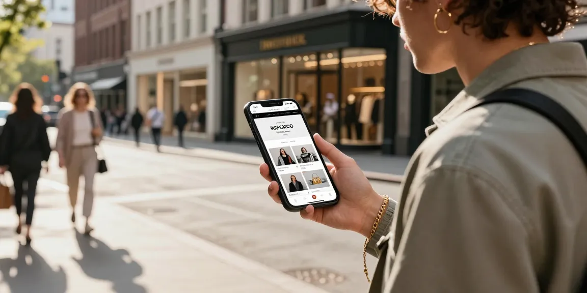 Trendy individual browsing a 레플리카 사이트 on a mobile device in a vibrant urban street scene.