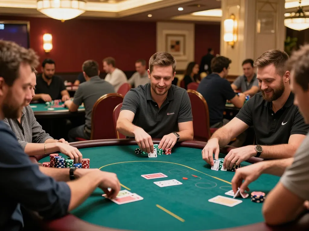 MAY88 players engaged in an exciting poker game with chips stacked high