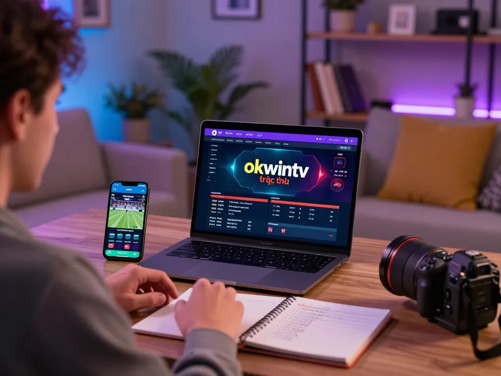 Engaging in okwintv trực tiếp sports betting at home with a laptop and smartphone.