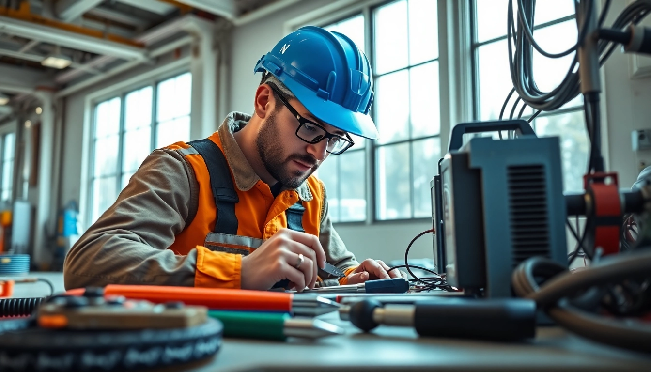 Engaging in edmonton electrical maintenance, an electrician works meticulously on electrical systems.