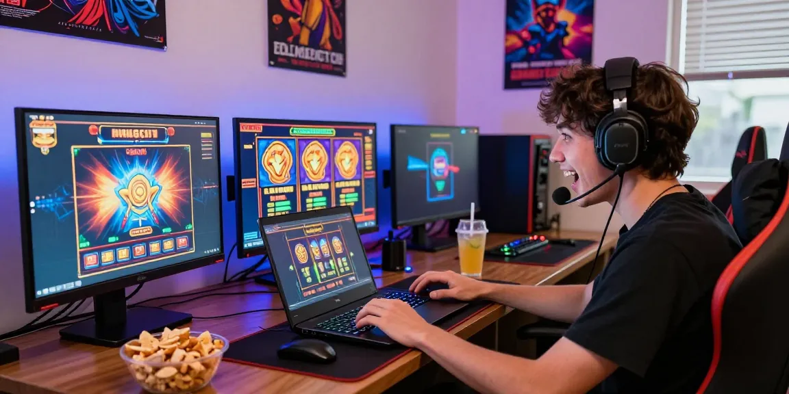 Engaging player enjoying slot depo 5000 games online, colorful screens, cozy atmosphere, vibrant gaming experience.