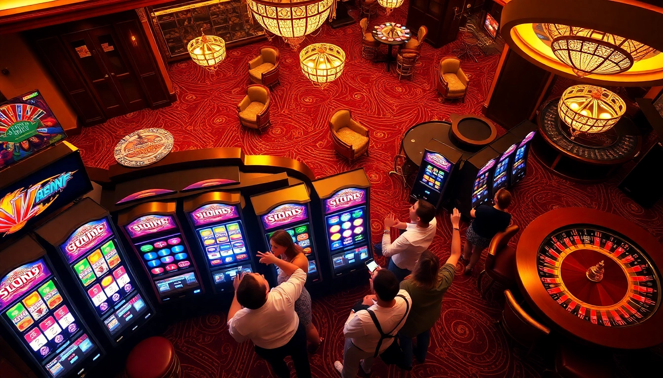 Excited players engaging with vibrant slot machines in a luxury casino setting.