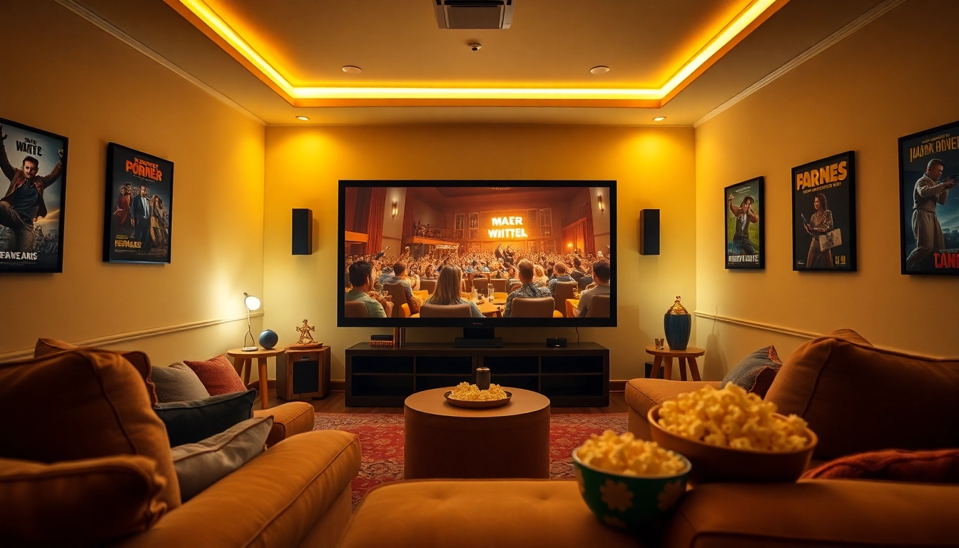 Enjoy ดูหนังออนไลน์ in a cozy home theater with soft lighting and inviting seating.