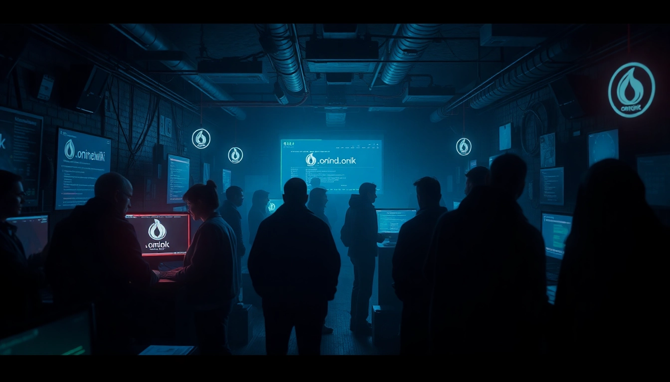 Engaging illustration of a dark web marketplace, inspired by the hidden wiki concept, with ambient lighting and digital elements.