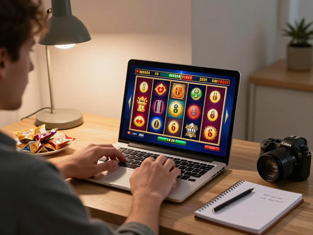 Player enjoying slot games on laptop at home, showcasing ATQ online gaming excitement.