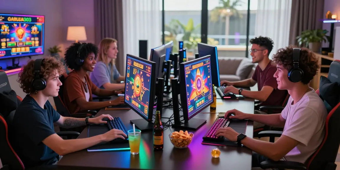 Exciting GARUDA303 slot gaming session with friends enjoying online gameplay in a vibrant, tech-savvy environment.