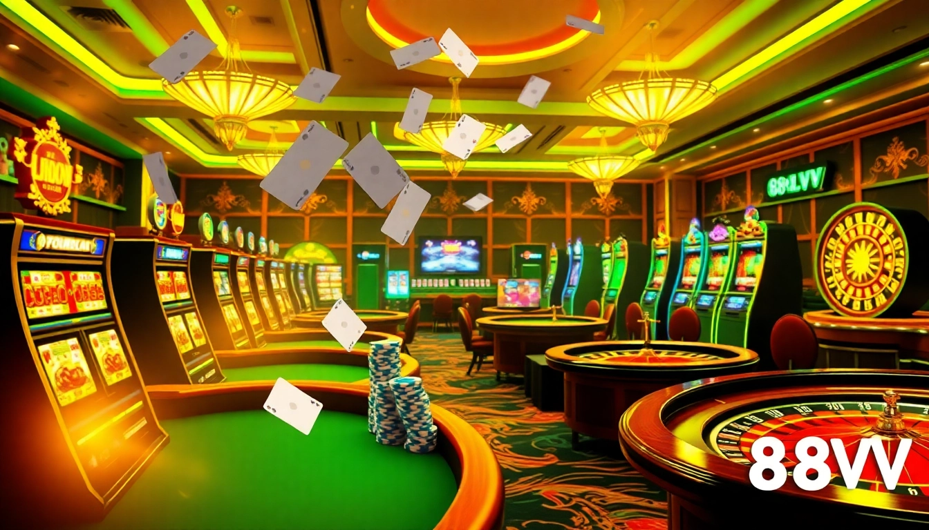 Engage in thrilling gambling action at 88VV with vibrant slot machines and poker tables.