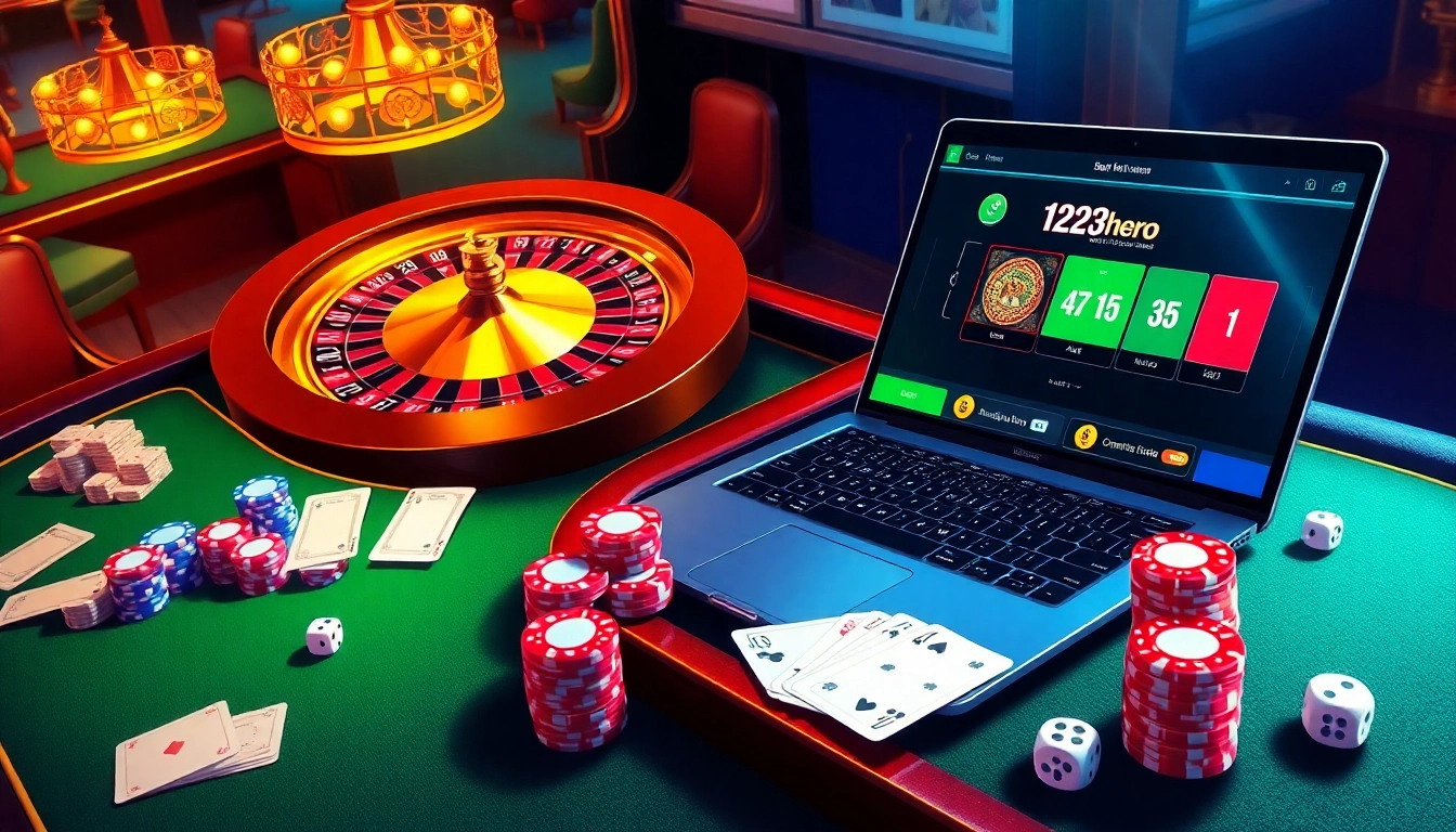 Experience thrilling online gambling with 123hero at a luxurious casino setting featuring poker chips and roulette.
