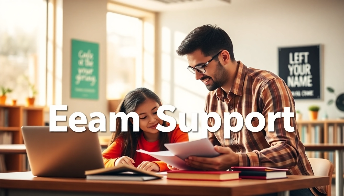 Enhance exam support with a tutor guiding a student in a bright classroom.