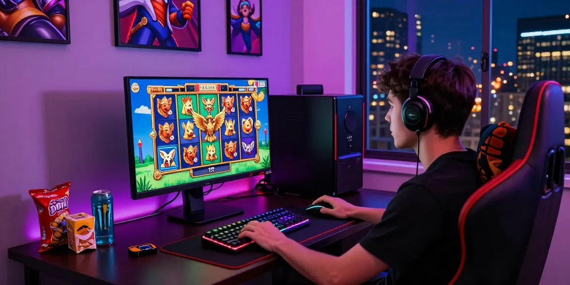 Engaged player enjoying the garuda303 slot game on a modern gaming setup with colorful graphics and vibrant atmosphere.