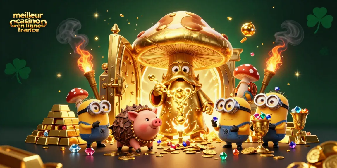 Image illustrant le meilleur casino en ligne en France, avec un sorcier et un cochon de truffe, remplie de trésors en or.