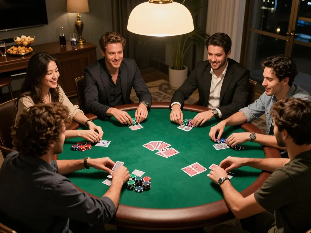 Friends enjoying a lively poker night, showcasing strategic play and camaraderie in a cozy setting centered around the keyword 88i.