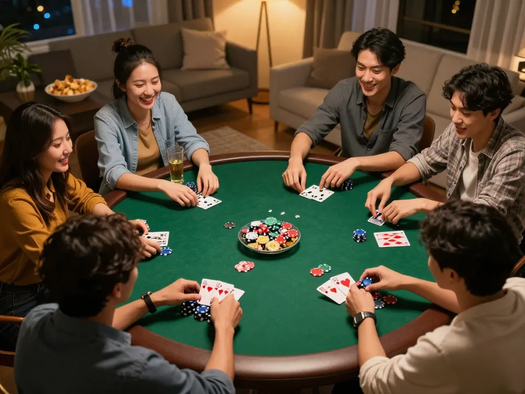 Gamers enjoying a poker night at home with friends, highlighting social interaction and strategy at Manclub.