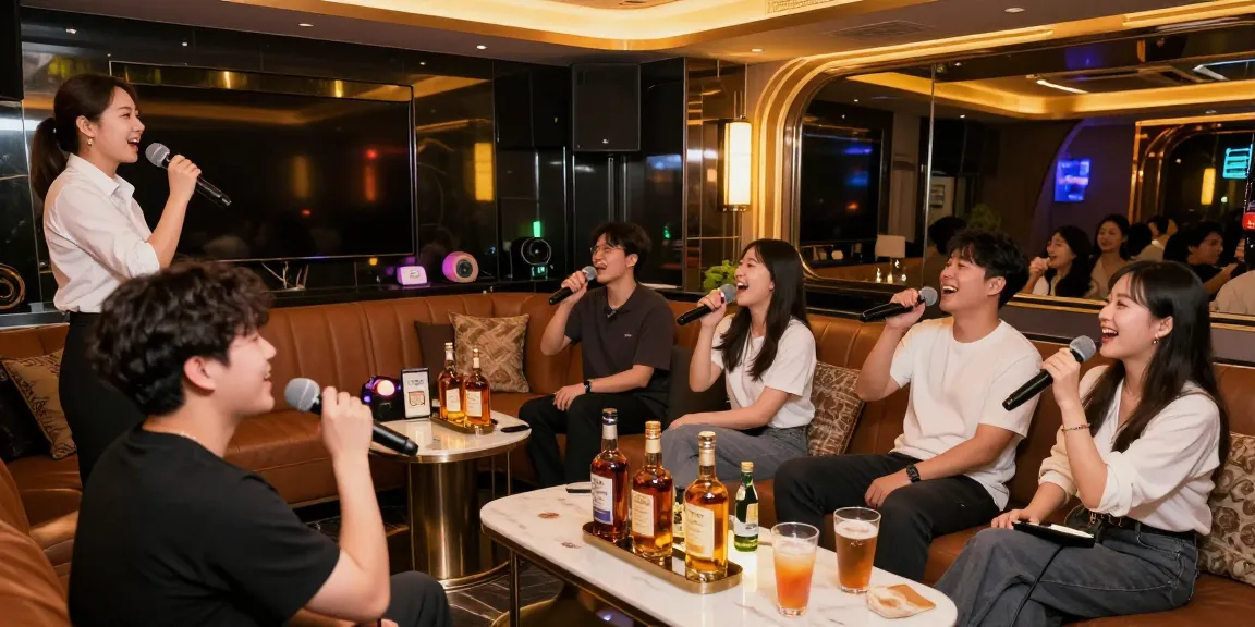 강남 가라오케에서 화려한 프라이빗 룸에서 즐겁게 노래하는 모습과 음료가 놓인 테이블, 아름다운 매니저들이 함께하는 분위기