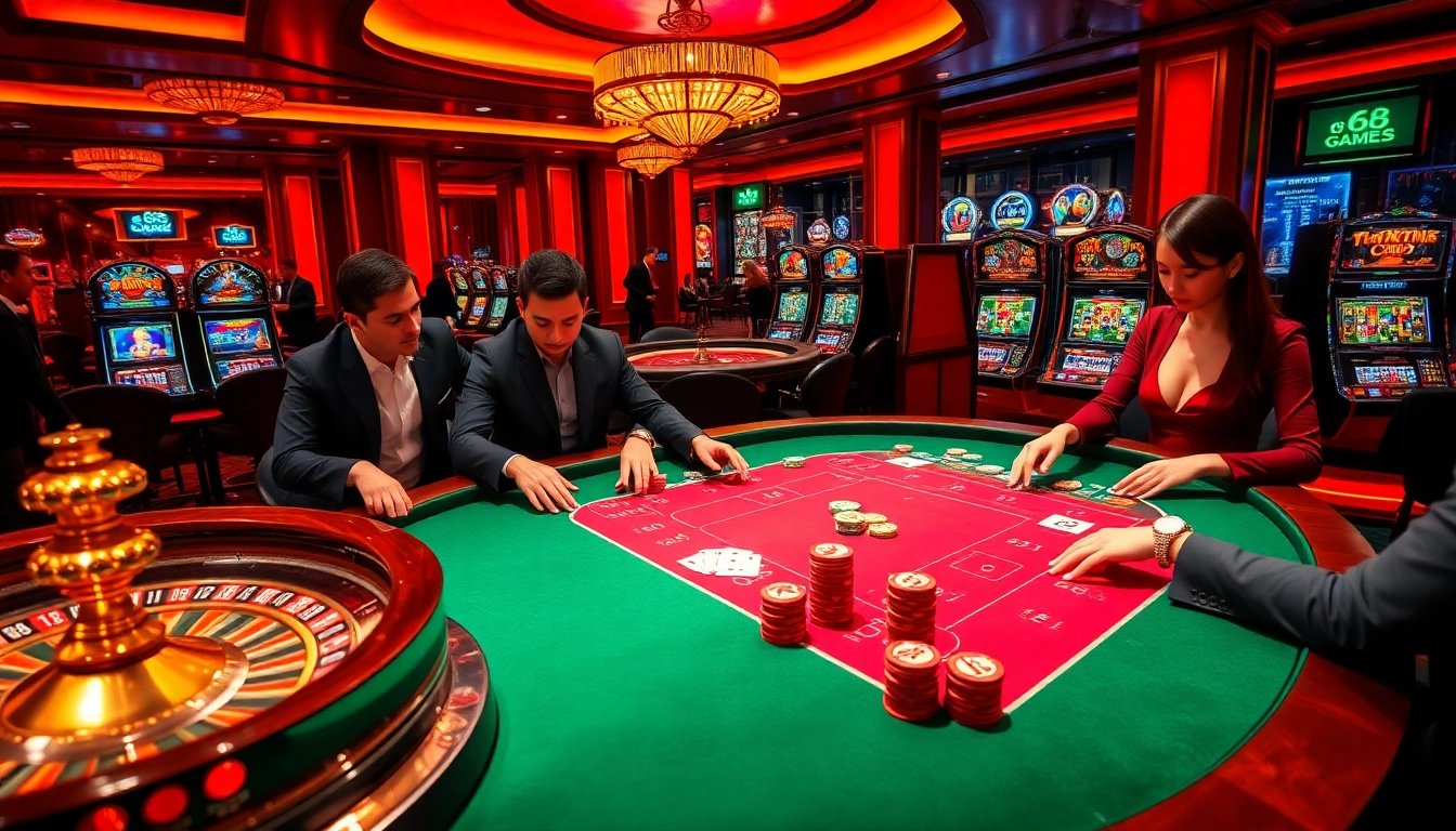 Exciting scene at a poker table in a casino, representing the thrill of 68 game bài gambling.