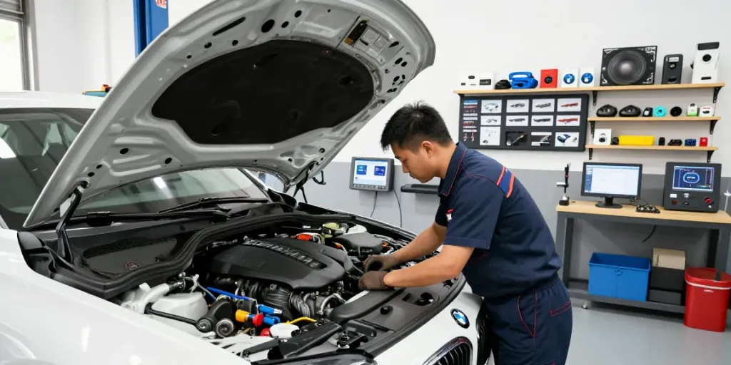 Professionelle BMW Werkstatt in Hannover mit einem Mechaniker, der an einem Auto arbeitet.