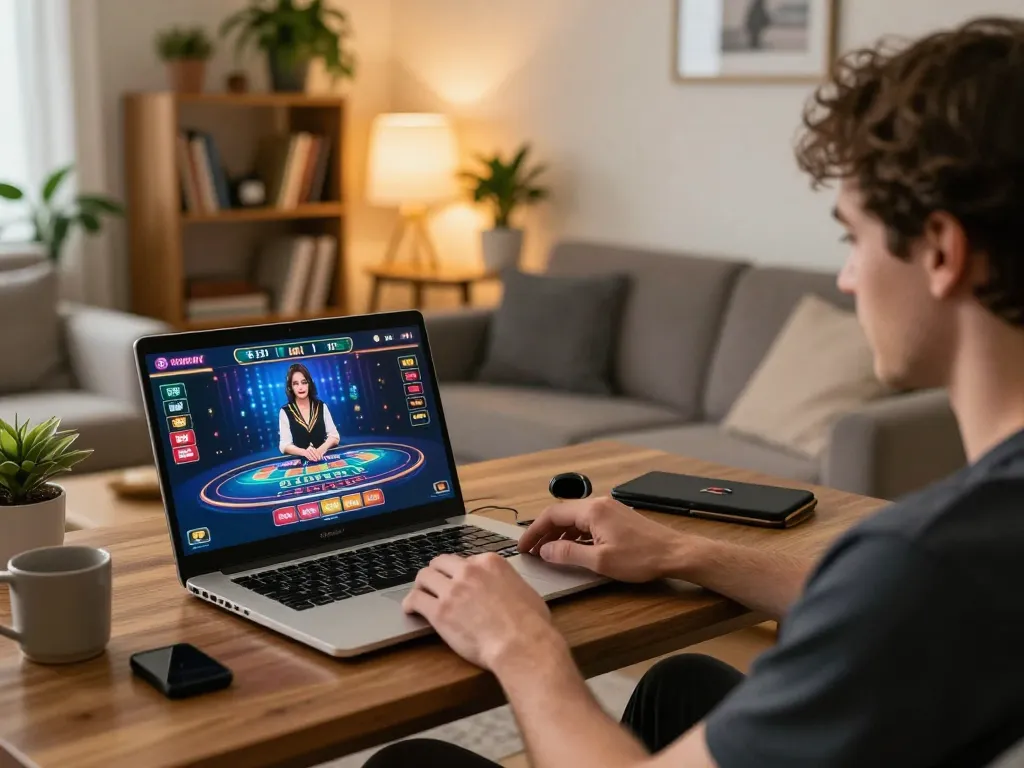Engaging player experiencing 32win live casino gaming from home