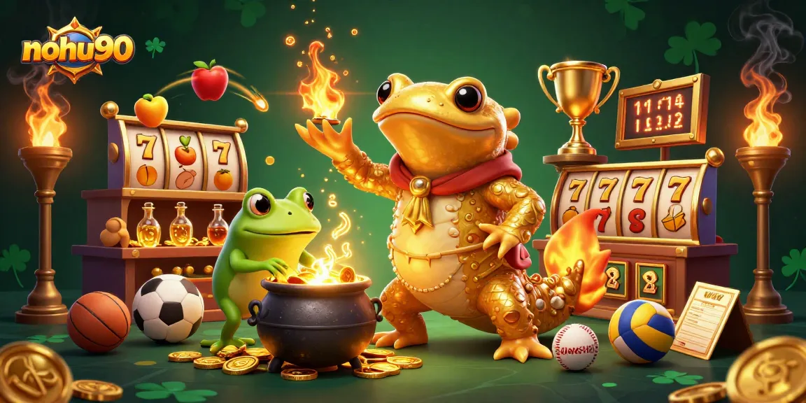 Nohu90 showcases vibrant golden gaming elements amidst a whimsical alchemist scene.