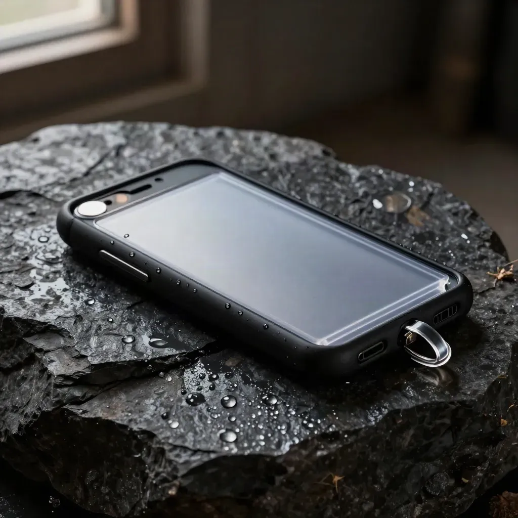 Matte black case on wet basalt with translucent sleeves and a clear ring in a dark studio.
