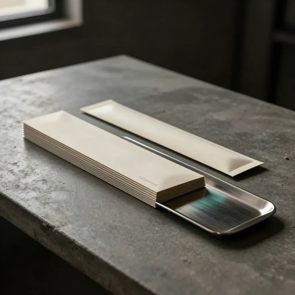 Cream marketing sleeve and folded cards skimming across concrete beside a brushed metal tray.