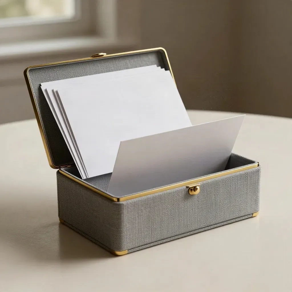 Floating search kit box with brass spine, splayed dividers, and folded insert card on a pale field.