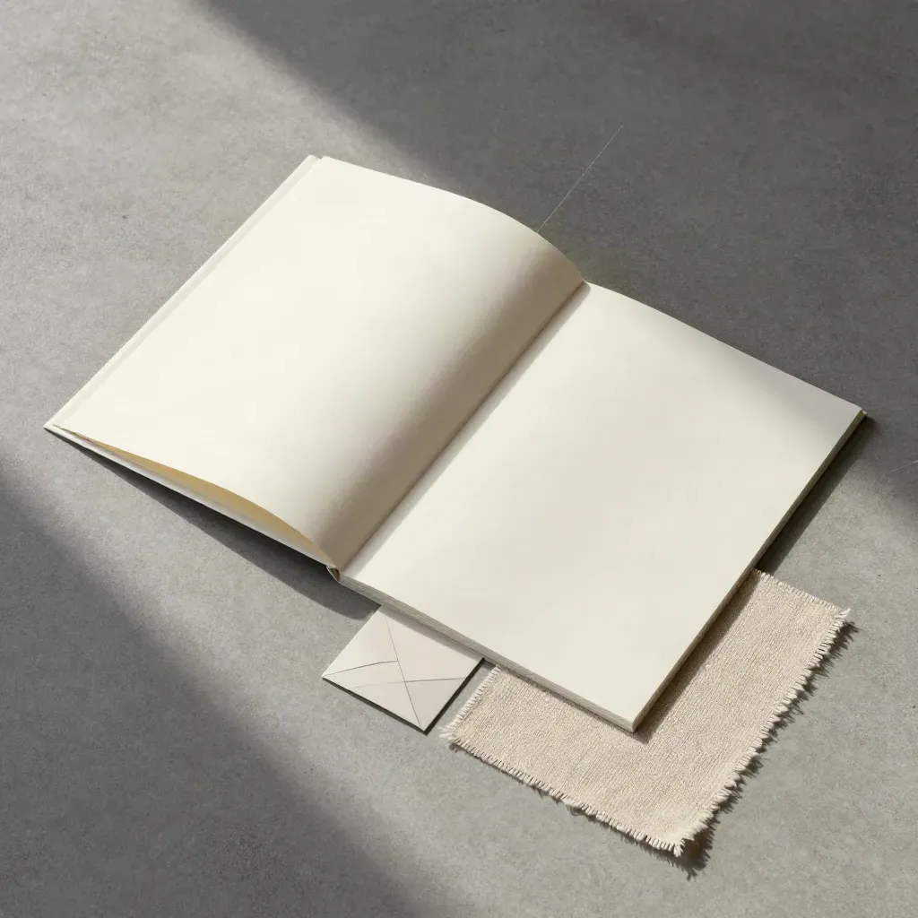 Overhead flatlay of a cream repair kit, blank paper tiles, linen swatch, and folded template on concrete.