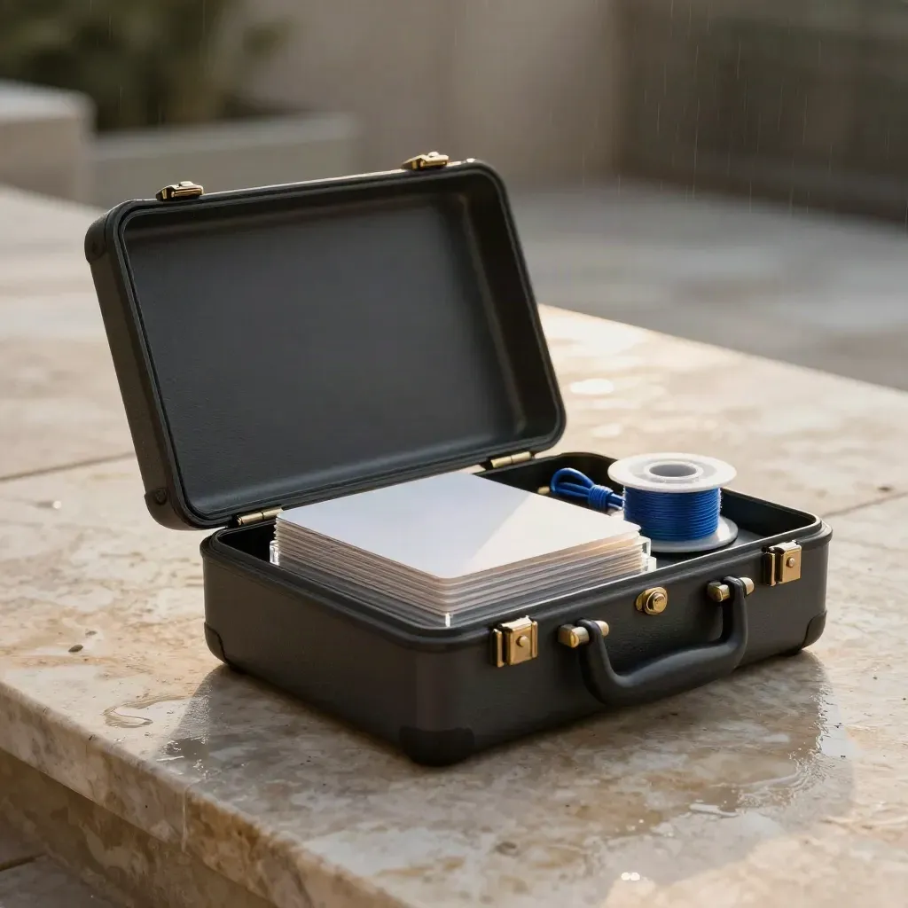 Opened charcoal marketing kit on wet stone terrace with brass clips and acrylic blocks in soft mist.