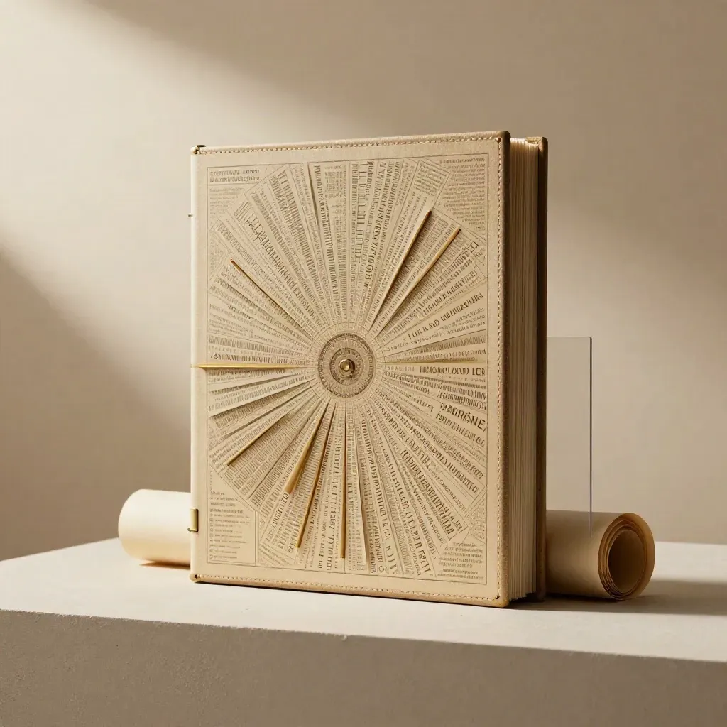 Sand keyword map pack case with brass tabs and a rolled tracing sheet on a pale plinth.