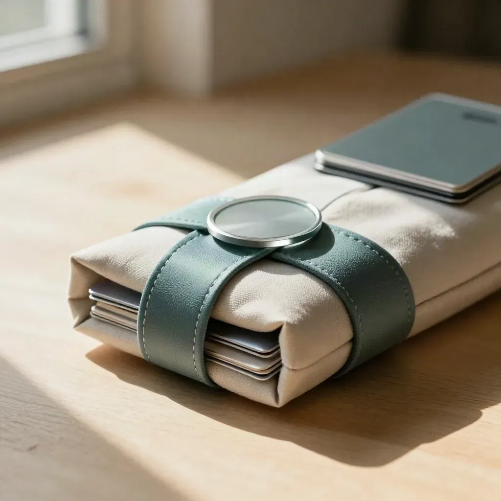 Fabric-wrapped retargeting bundle with card cases and glass disc on pale wood