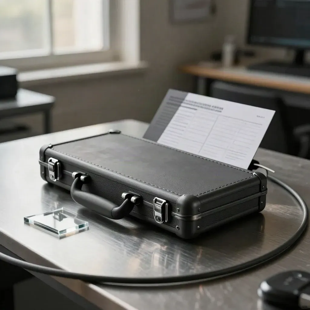 Graphite audit case half-open on brushed steel with cable loops and a clear acrylic tile