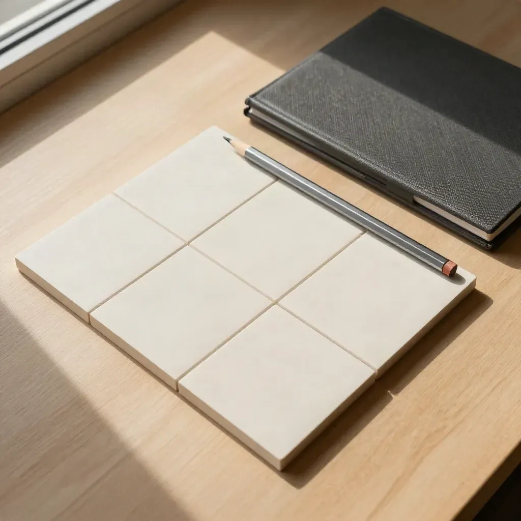 Overhead flatlay of cream tiles, a metal bar, and a charcoal folio on pale wood.
