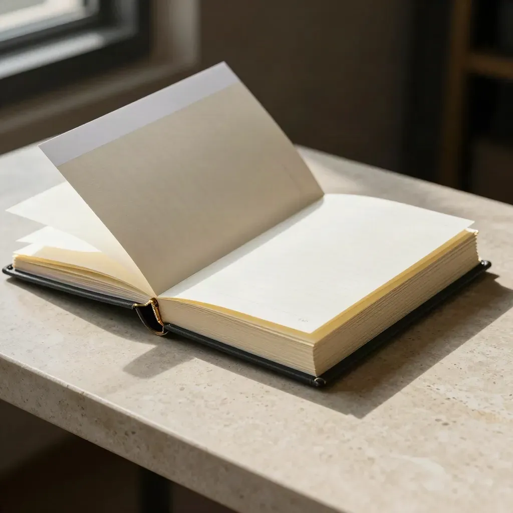 Charcoal binder with brass spine, divider stack and folded sleeve on pale travertine.