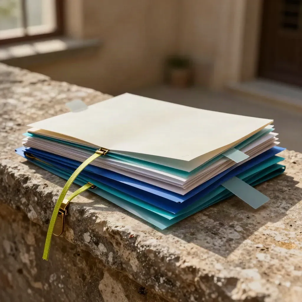 Cobalt and teal ad campaign bundle scattered across a weathered stone ledge in a sunlit courtyard